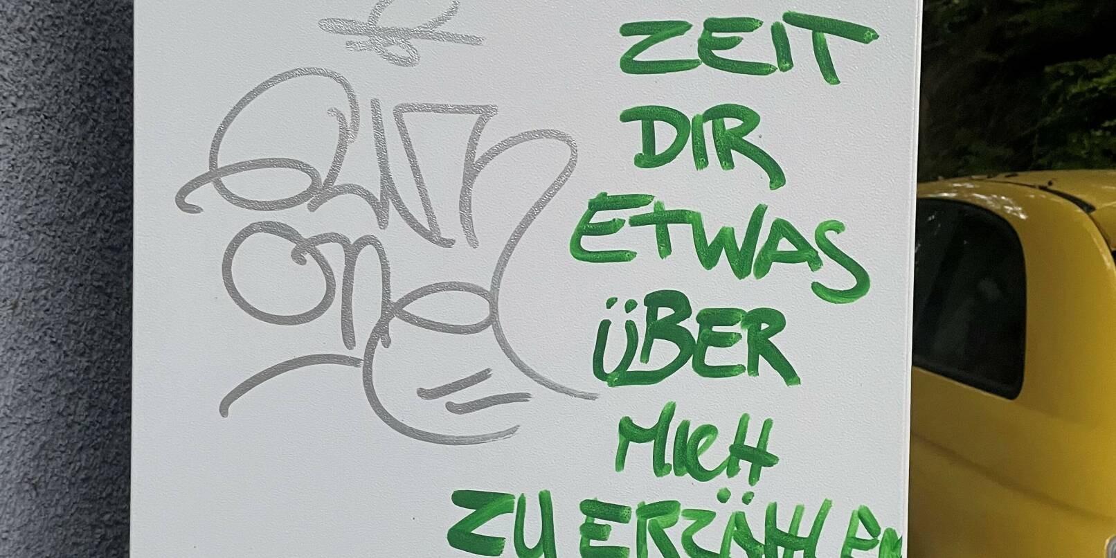 "Es ist Zeit, dir etwas über mich zu erzählen" steht seit einigen Tagen mit grüner Schrift auf einem Stromkasten in der Alten Postgasse in Weinheim. "Es ist Zeit, dir etwas über mich zu erzählen" steht seit einigen Tagen mit grüner Schrift auf einem Stromkasten in der Alten Postgasse in Weinheim.