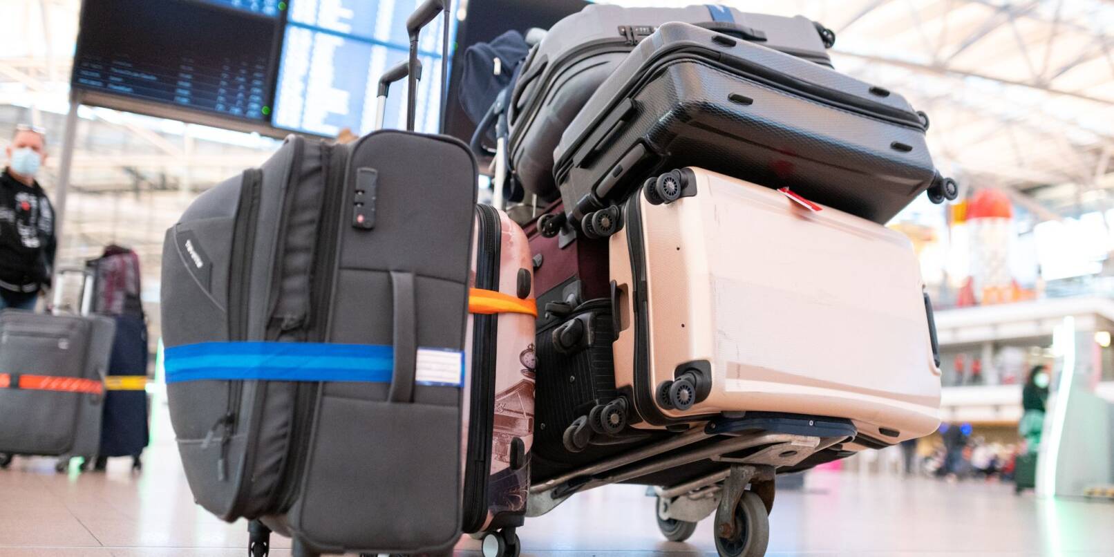 Mehrere Koffer liegen auf einem Gepäckwagen in einer Schlange vor einem Check-In Schalter im Terminal 1.