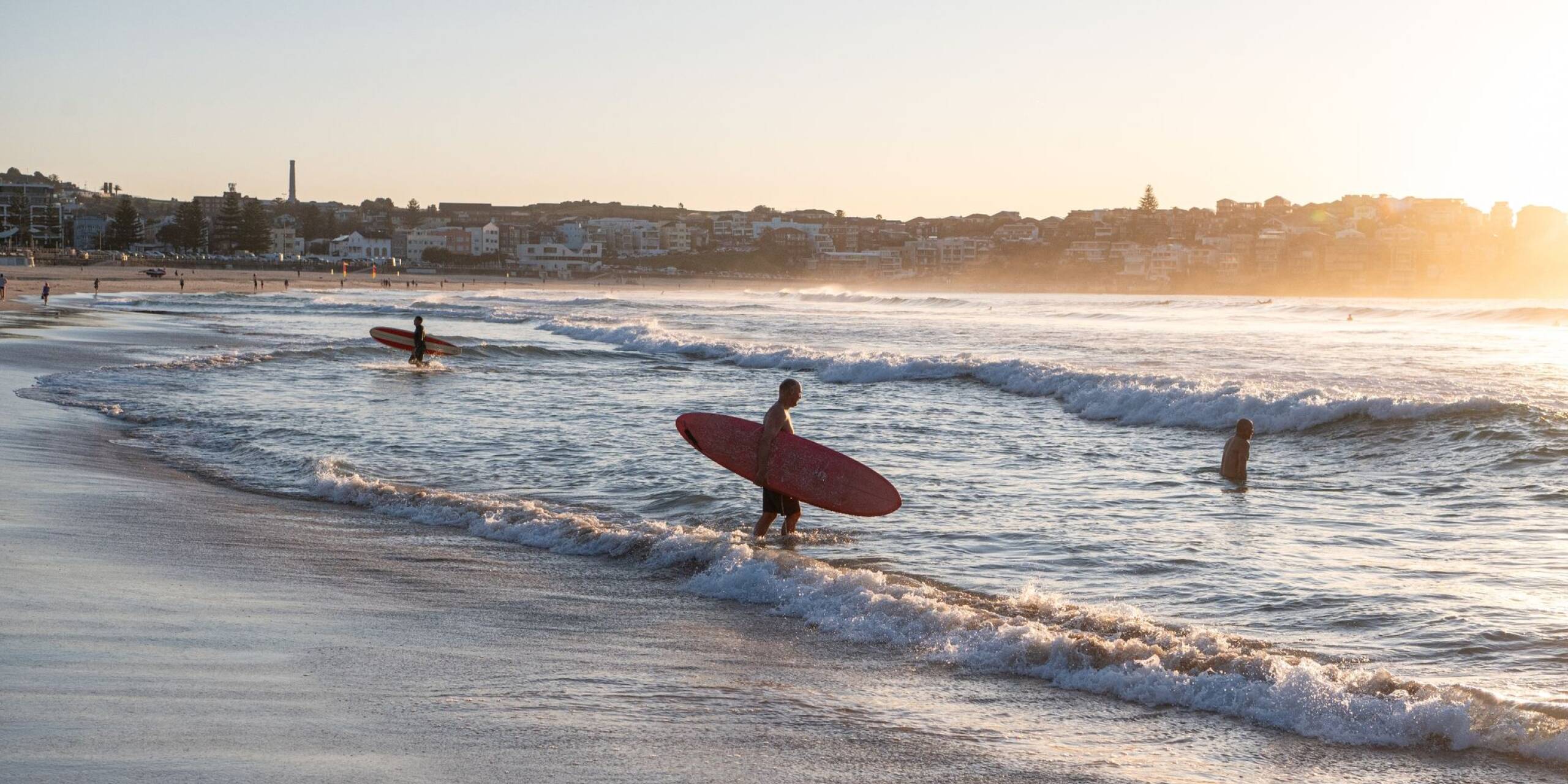 Surfer sind bei Sonnenaufgang am australischen Bondi Beach in Sydney unterwegs.