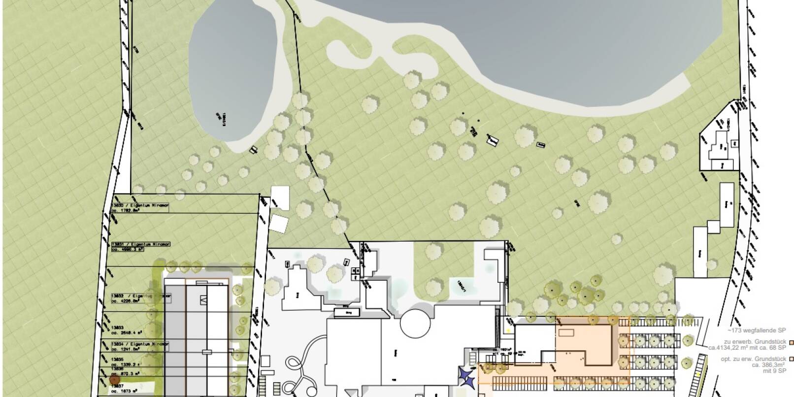 So sieht der Entwurf für die Aufteilung der Flächen am Waidsee aus. Links vom Freizeitbad Miramar ist das geplante Parkdeck eingezeichnet, rechts davon die Fläche für das Hotel auf dem vorhandenen Parkplatz.