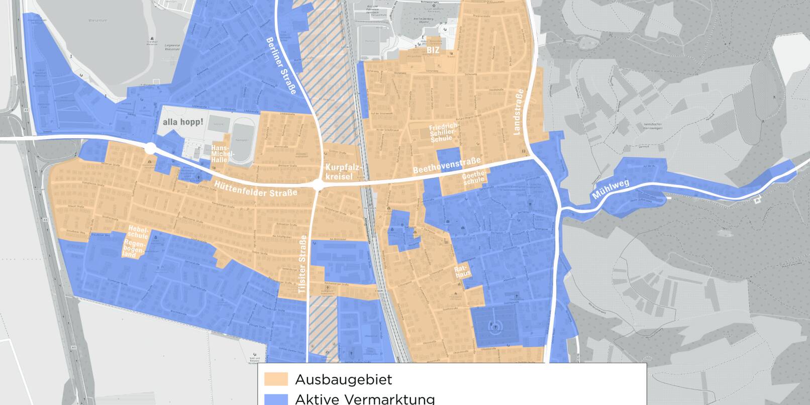 Die Deutsche GigaNetz hat jetzt eine Karte vorgelegt, auf der die Ausbaugebiete in Hemsbach zu erkennen sind.