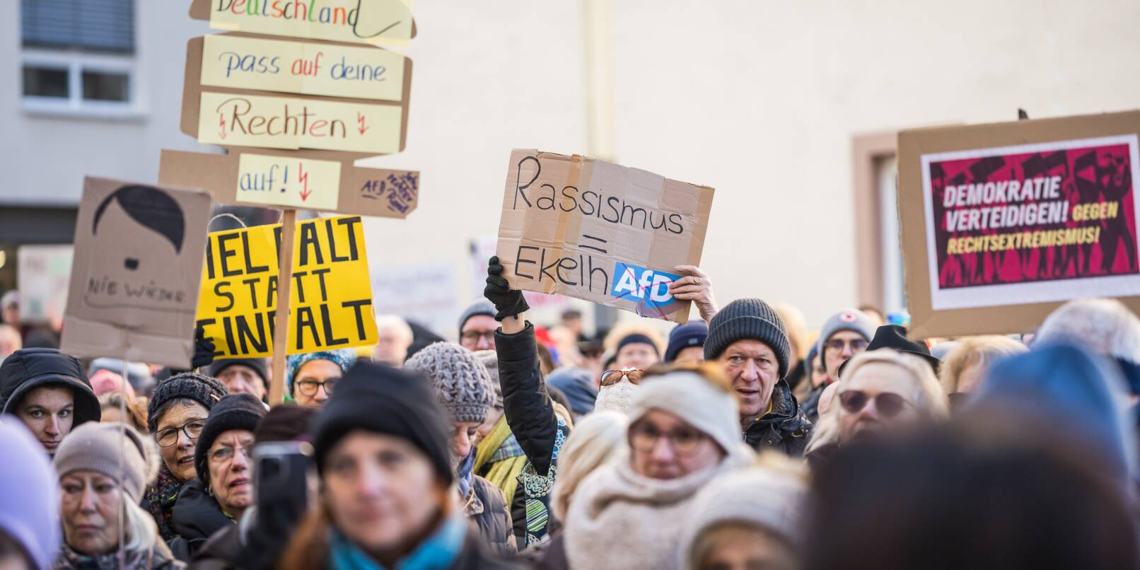 "EkelhAfD" ist auf einem Protestschild zu lesen. Die Kundgebung richtet sich aber nicht nur gegen die Alternative für Deutschland (AfD), sondern allgemein gegen rechts.