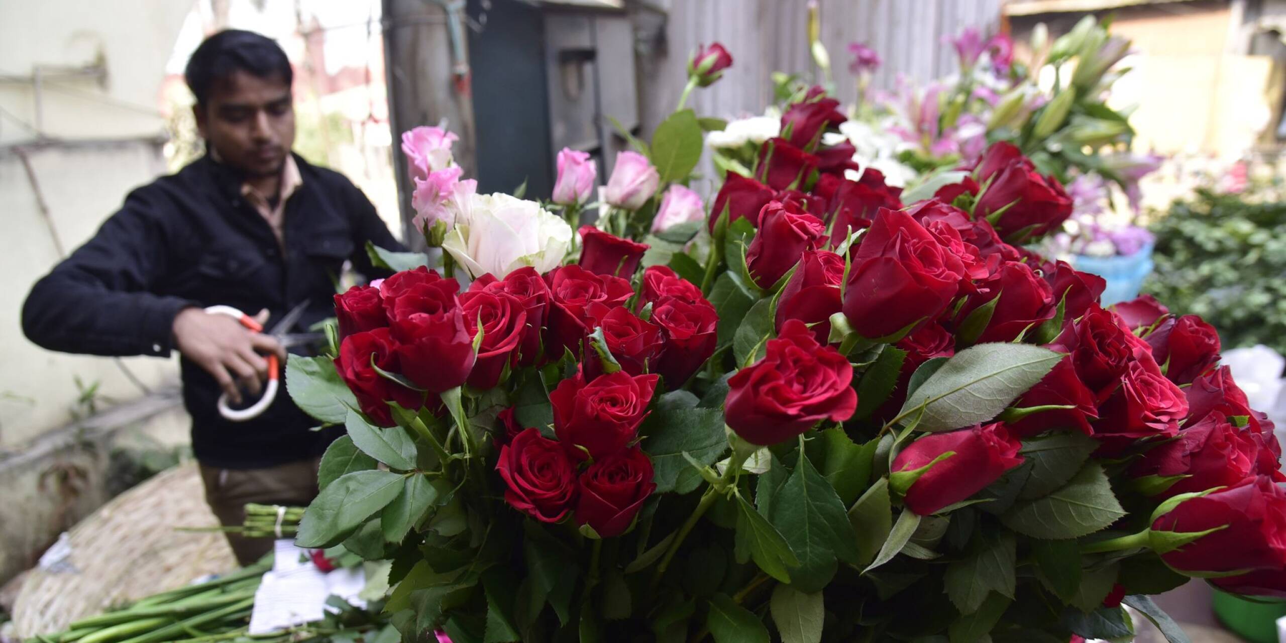 Blumenhändler auf der ganzen Welt bereiten ihr Geschäft auf den bevorstehenden Valentinstag vor. Wie dieser Mann im indischen Bundesstaat Assam.