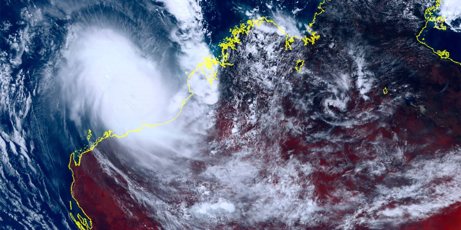 Dieses vom japanischen Wettersatelliten Himawari-8 aufgenommene und vom Nationalen Institut für Informations- und Kommunikationstechnologie zur Verfügung gestellte Satellitenbild zeigt den Zyklon Ilsa, der sich der australischen Westküste nähert.