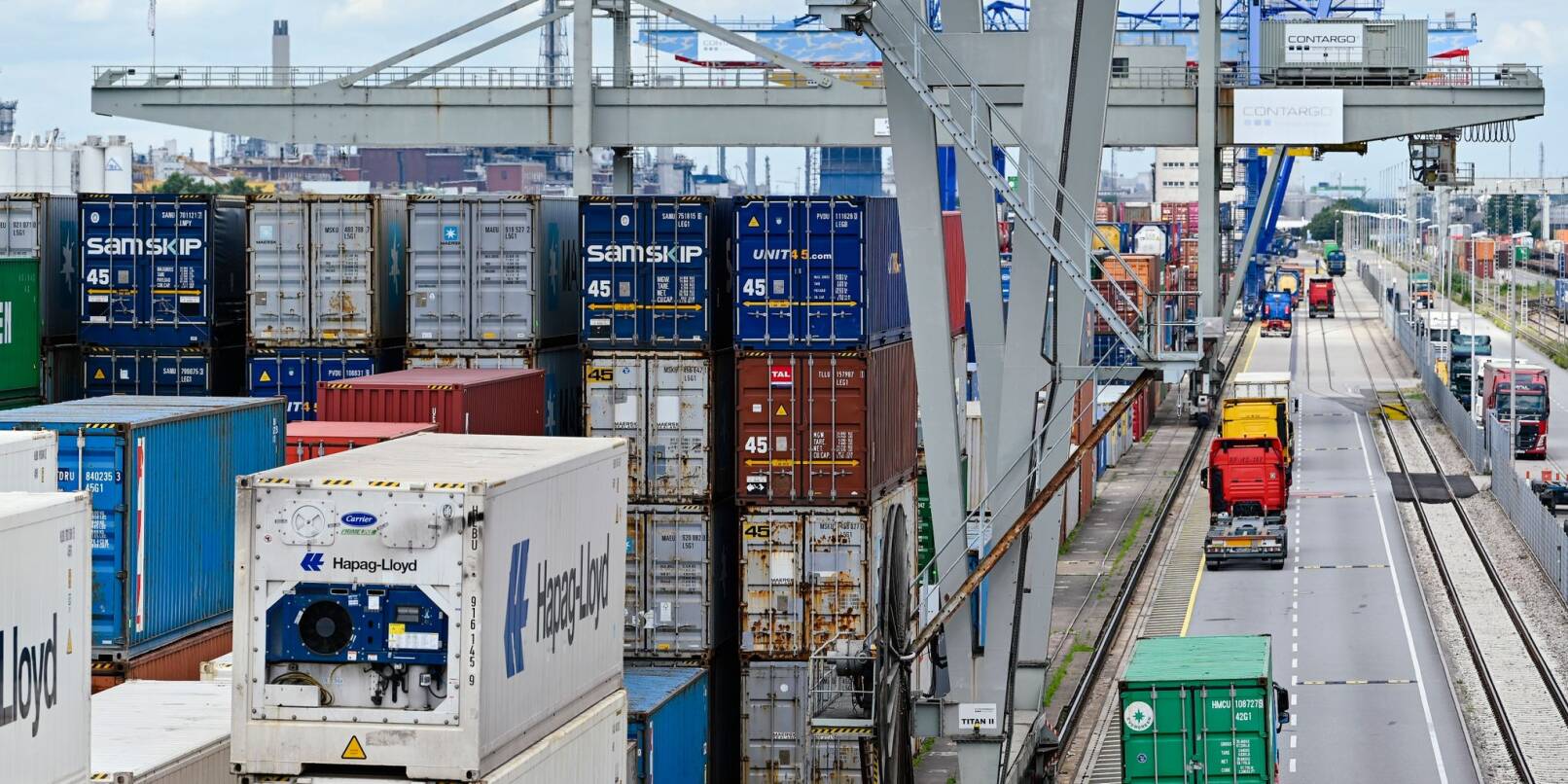 Ein Kran verlädt Container im Handelshafen des Rhein-Neckar-Hafens in Mannheim.