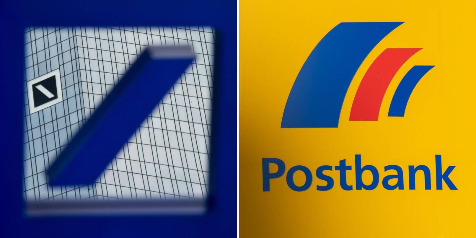 Archivbilder zeigen die Zentrale der Deutschen Bank (l) in Frankfurt am Main, in einem Spiegel mit dem Logo, und ein Schild mit dem Logo der Postbank an der Fassade einer Postbankfiliale.