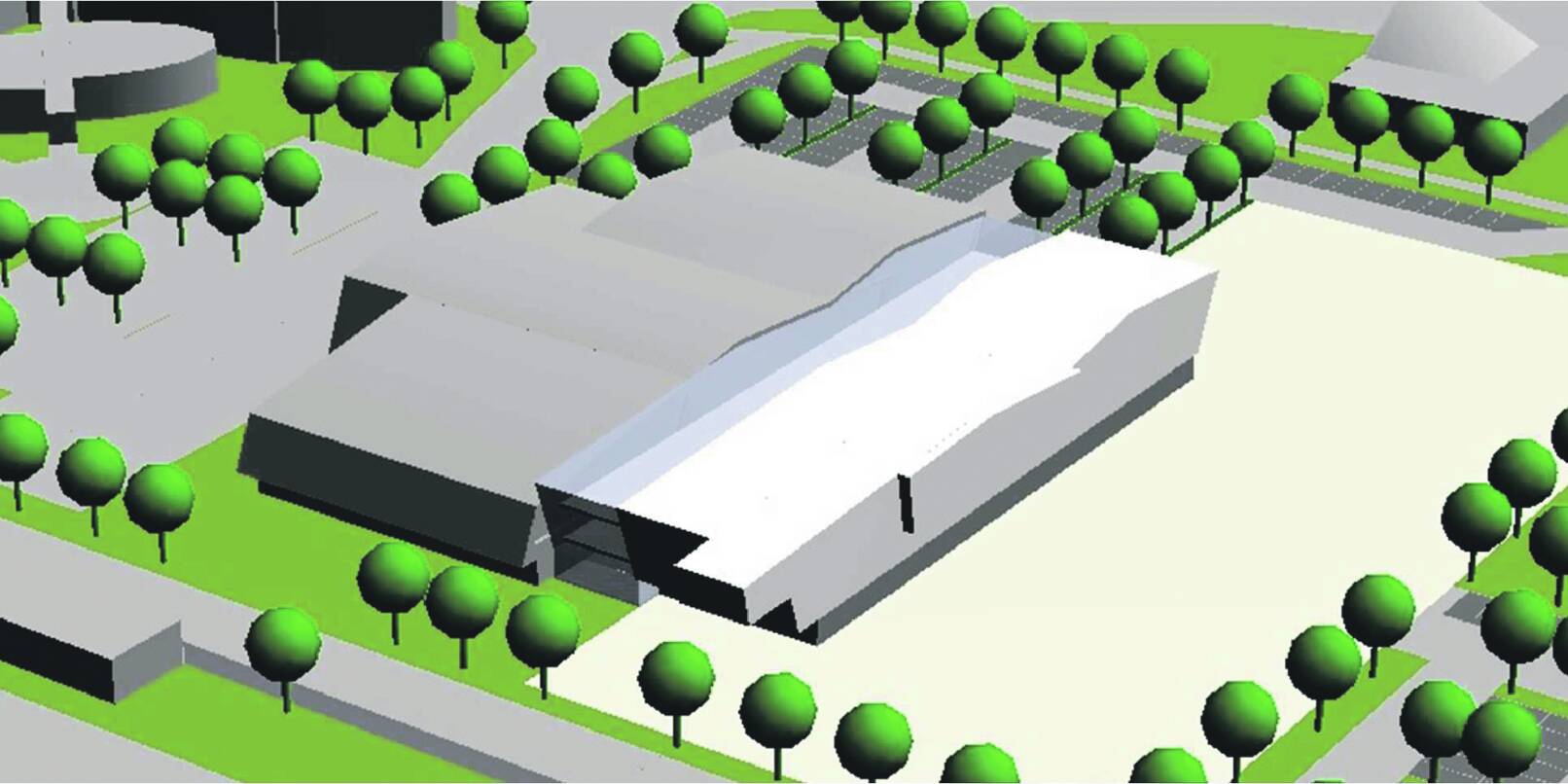 Die Visualisierung zeigt das bestehende Hector Sport-Centrum (grau) der TSG Weinheim, rechts daneben (transparent beziehungsweise weiß) die geplante Erweiterung. Bei der sich rechts davon anschließenden Fläche handelt es sich um den verbleibenden Parkplatz am Sepp-Herberger-Stadion.