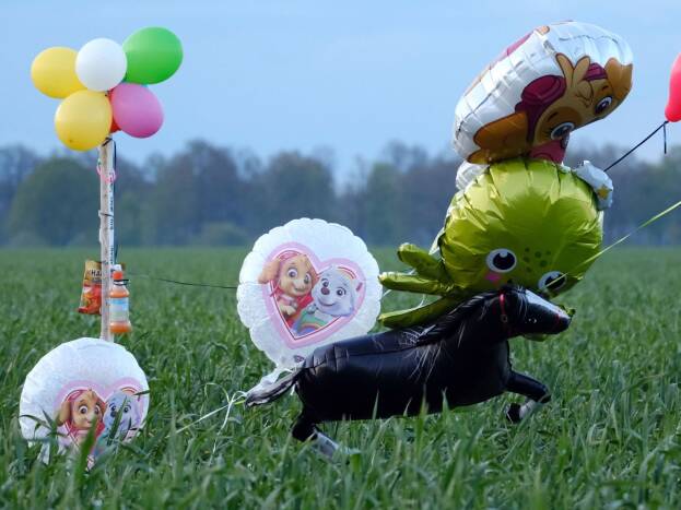 Suche nach Arian: Ballons und Süßigkeiten im Wald aufgehängt
