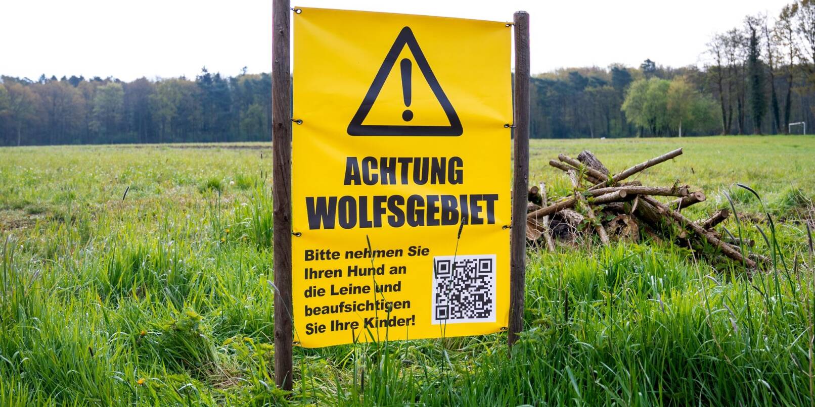 Ein Schild mit der Aufschrift «Achtung Wolfsgebiet» steht auf einem Feld.