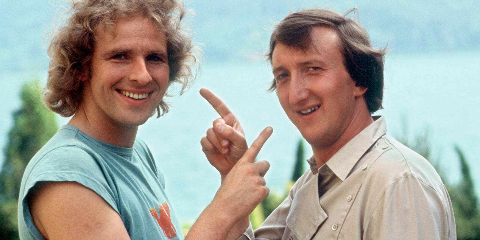 Thomas Gottschalk (l) und Mike Krüger bei den Dreharbeiten zum Kinofilm «Die Supernasen» (1983).