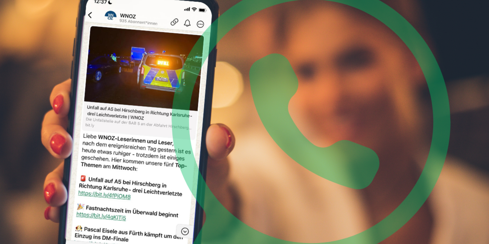 Der WhatsApp-Kanal der WNOZ gibt ein tägliches Update mit den Top-Themen und aktuellsten Meldungen aus der Region. Der WhatsApp-Kanal der WNOZ gibt ein tägliches Update mit den Top-Themen und aktuellsten Meldungen aus der Region.